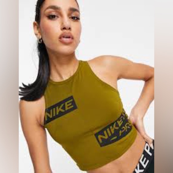 Nike Pro training crop top with logo taping olive green black womens size medium - Picture 1 of 6